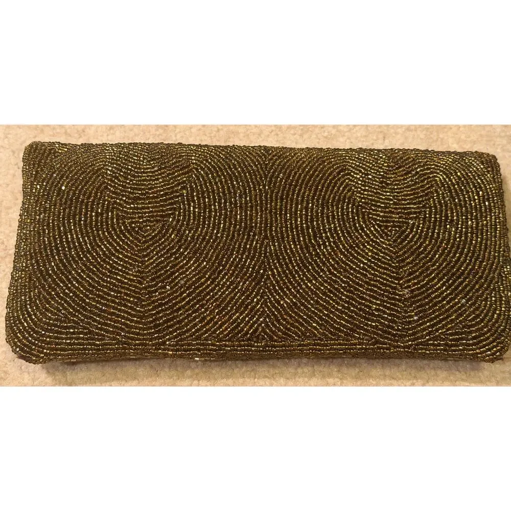 Vintage Beaded Clutch Purse Gold Bronze Paisley Evening Bag Flap Magnetic Snap